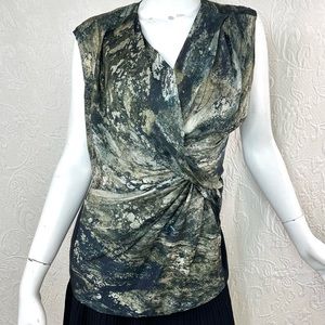 Helmut Lang Stretch Silk Raven Print Sateen Twisted Waist Sleeveless Top